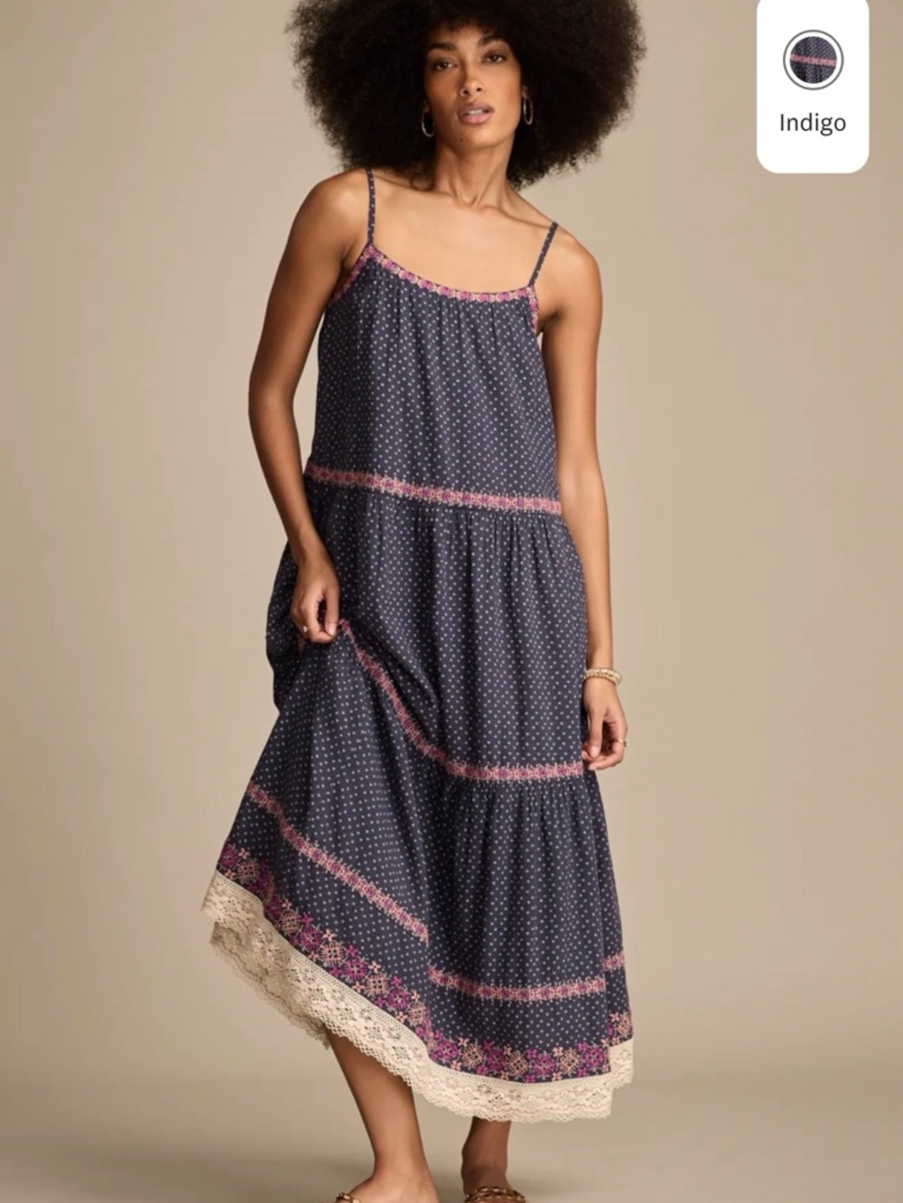 Lucky Brand Indigo Maxi Sundress with Pink Trim and Cream Lace